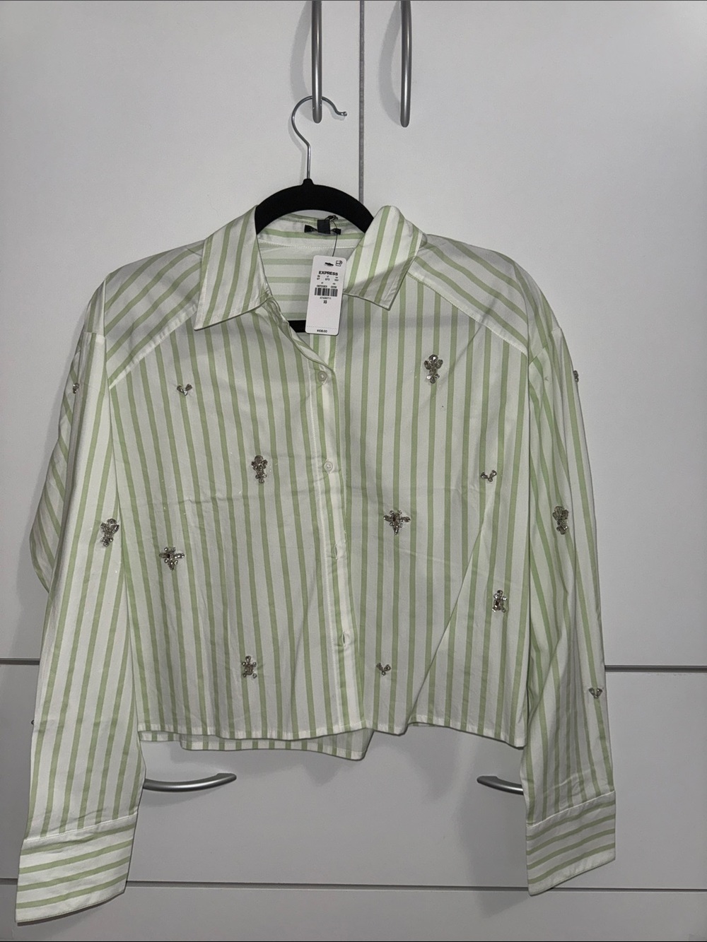 Express Light Green & White Striped Embellished Button-Down Shirt